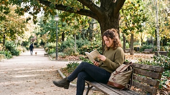 Una mujer con suéter verde lee un libro sentada en un banco de madera de un parque junto a su mochila.