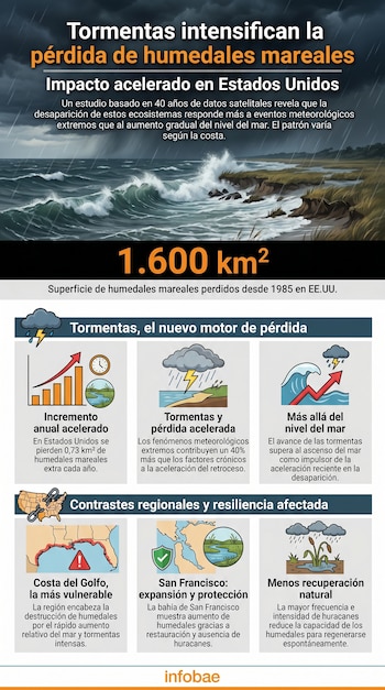 Infografía con olas rompiendo en una costa con humedales bajo un cielo tormentoso, y gráficos que ilustran la pérdida y el impacto de eventos extremos.