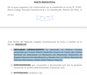 Documento judicial con encabezado "PARTE RESOLUTIVA", número "9", y texto que incluye el nombre de Keiko Sofia Fujimori Higuchi
