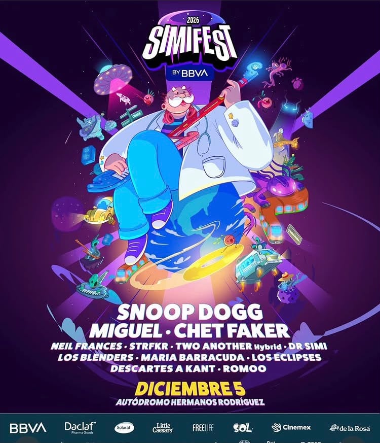 El cartel promocional del festival Simifest 2026 anuncia las presentaciones de Snoop Dogg, Miguel y Chet Faker para el 5 de diciembre en el Autódromo Hermanos Rodríguez. (Redes)