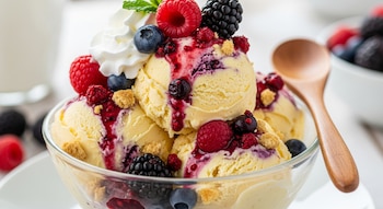 Un tazón de vidrio transparente lleno de bolas de helado amarillo pálido, cubiertas con frambuesas rojas, moras, arándanos, salsa roja, crumble y crema batida con menta.