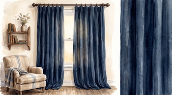 Ilustración en acuarela de cortinas azules en una ventana, un sillón a rayas, un estante con libros y una muestra ampliada del tejido.