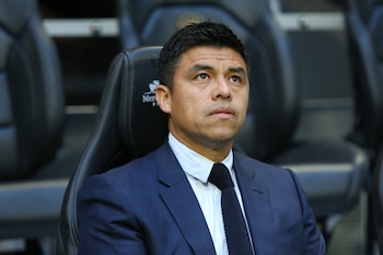 Apr 20, 2024; Atlanta, Georgia, USA; Atlanta United head coach Gonzalo Pineda looks on before a match against FC Cincinnati at Mercedes-Benz Stadium. Mandatory Credit: Brett Davis-USA TODAY Sports