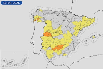 Mapa de alertas meteorológicas para este lunes, 17 de agosto de 2026. (Aemet)