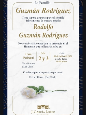Un cartel de aviso fúnebre con texto en español sobre el fallecimiento de Rodolfo Guzmán Rodríguez, una rosa blanca y el logo de J. García López