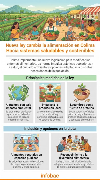 Infografía con ilustraciones de agricultores, consumidores, campos de cultivo, mercados y platos de comida, junto a textos sobre una ley alimentaria.