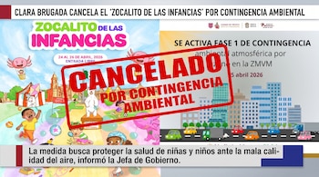 Cartel gráfico que anuncia la cancelación del evento 'Zocalito de las Infancias' por contingencia ambiental, con ilustraciones de niños jugando y una ciudad.