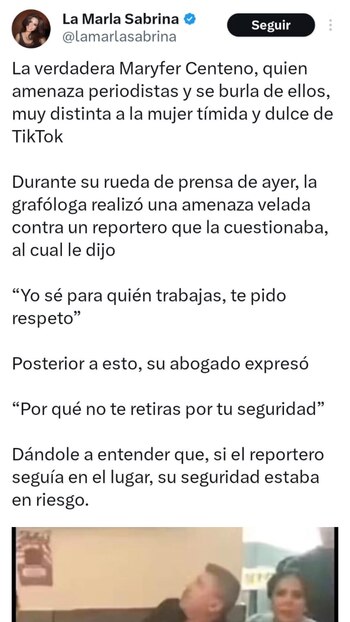 Usuarios de X, antes Twitter, las calificaron las expresiones de Maryfer Centeno y el abogado Alonso Beceiro como veladas amenazas contra la prensa. (Captura de pantalla / X)