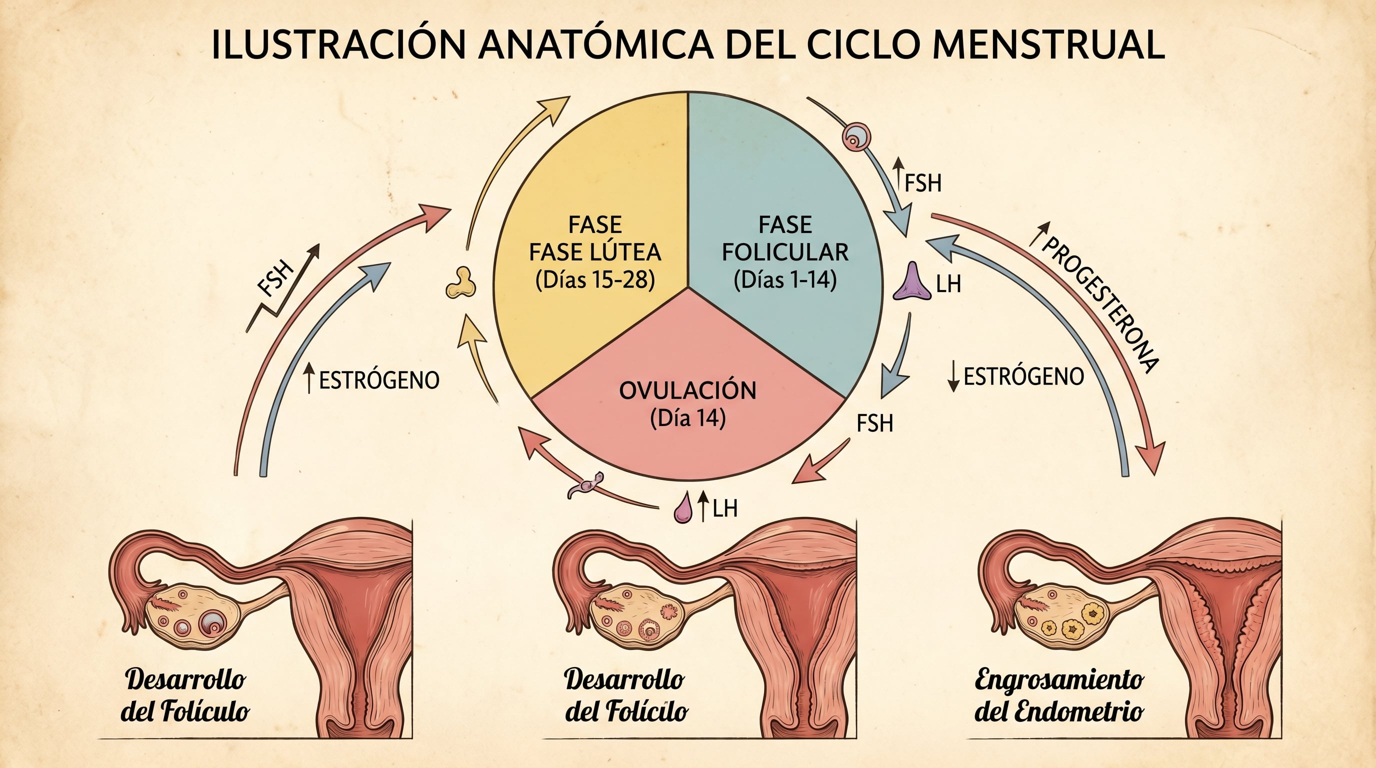 Ilustración anatómica detalla las fases folicular, de ovulación y lútea del ciclo menstrual, explicando los cambios hormonales y el desarrollo uterino en cada etapa. (Imagen Ilustrativa Infobae)