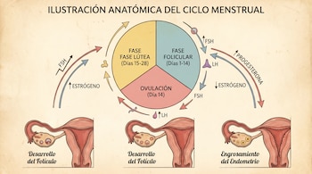 Diagrama anatómico del ciclo menstrual con un gráfico circular de tres fases (folicular, ovulación, lútea) y flechas de hormonas, más tres vistas de útero y ovarios.