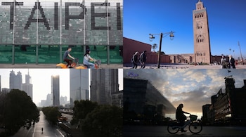 Mosaico de cuatro vistas urbanas con ciclistas frente a la palabra Taipéi, una mezquita en Marraquech, rascacielos y un ciclista al atardecer.