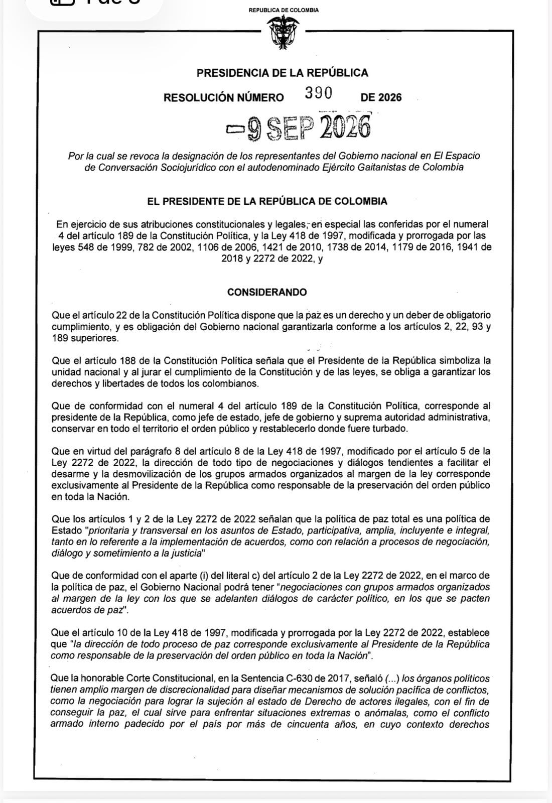 La Resolución 390 de 2026 deja sin efecto los nombramientos de los representantes gubernamentales en el espacio de conversación sociojurídico con el autodenominado Ejército Gaitanista de Colombia. - crédito X