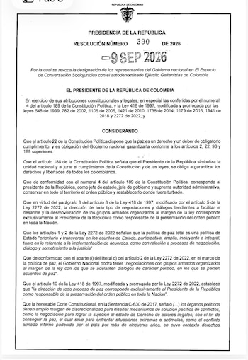 La Resolución 390 de 2026 deja sin efecto los nombramientos de los representantes gubernamentales en el espacio de conversación sociojurídico con el autodenominado Ejército Gaitanista de Colombia. - crédito X