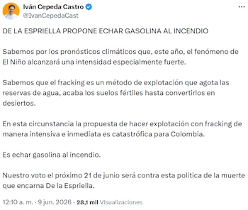 Iván Cepeda cuestionó la propuesta de impulsar el fracking y la relacionó con los riesgos ambientales en medio de las alertas por el fenómeno de El Niño. - crédito @IvanCepedaCast/X