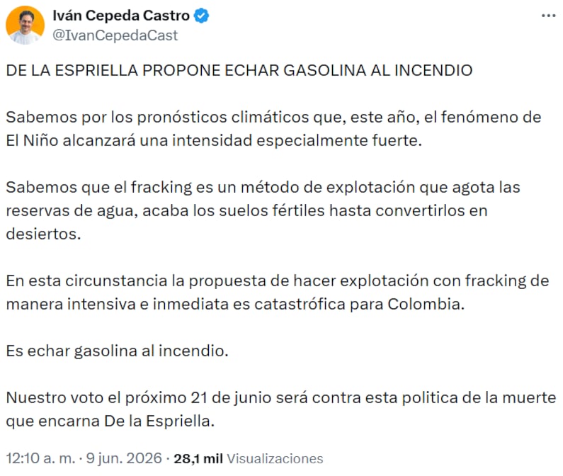 Iván Cepeda cuestionó la propuesta de impulsar el fracking y la relacionó con los riesgos ambientales en medio de las alertas por el fenómeno de El Niño. - crédito @IvanCepedaCast/X