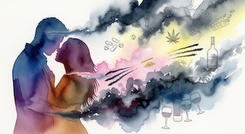 Acuarela de pareja difusa; hombre y mujer abrazados. Nubes de colores con pastillas, hojas de cannabis, rayas de cocaína, botellas y copas de alcohol.