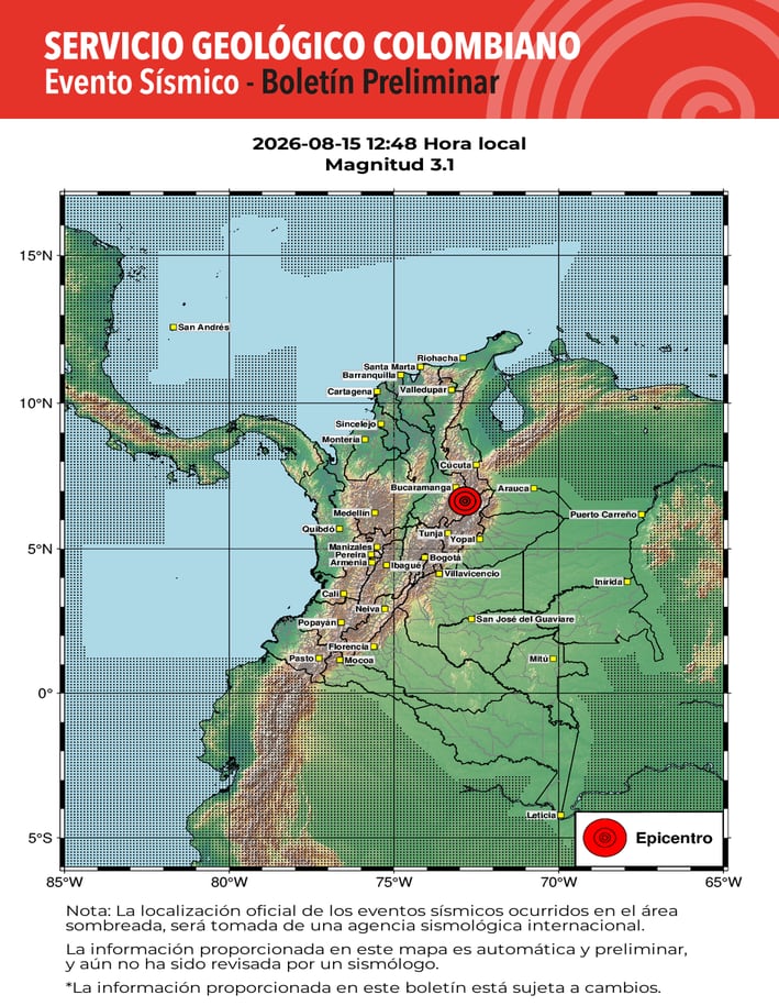 Informe del Servicio Geológico Colombiano sobre el sismo de magnitud 3,1 registrado este 15 de agosto cerca de Zapatoca, Santander - crédito SGC