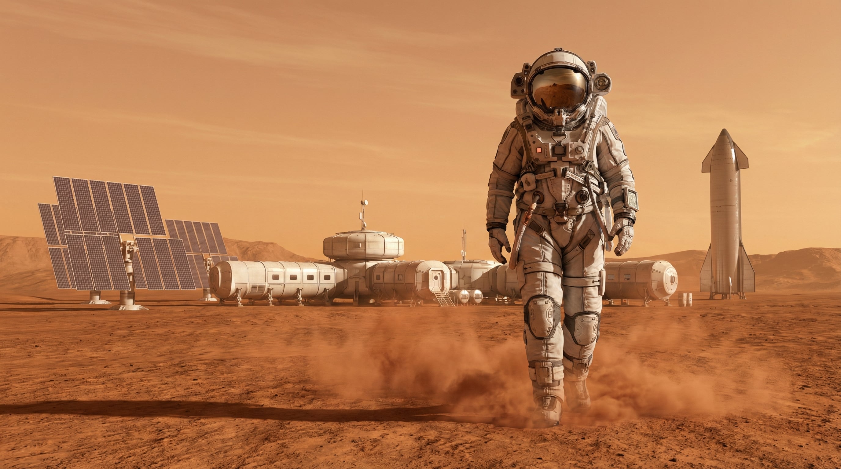 Un astronauta con un traje espacial avanzado camina por la superficie polvorienta de Marte, con una base futurista equipada con paneles solares y un cohete tipo Starship visible en el fondo bajo un cielo anaranjado. (Imagen Ilustrativa Infobae)