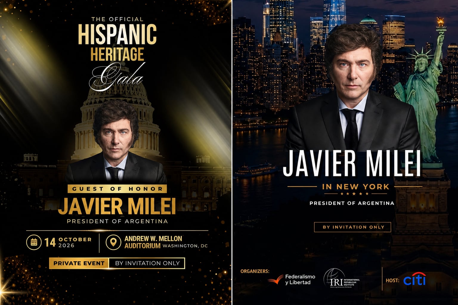 Dos afiches promocionales anuncian actos con la participación del presidente argentino Javier Milei en Washington y Nueva York. (Imagen Ilustrativa Infobae)