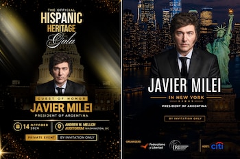 Dos afiches publicitarios con el retrato de Javier Milei, el Capitolio de Estados Unidos, la Estatua de la Libertad y texto de eventos.