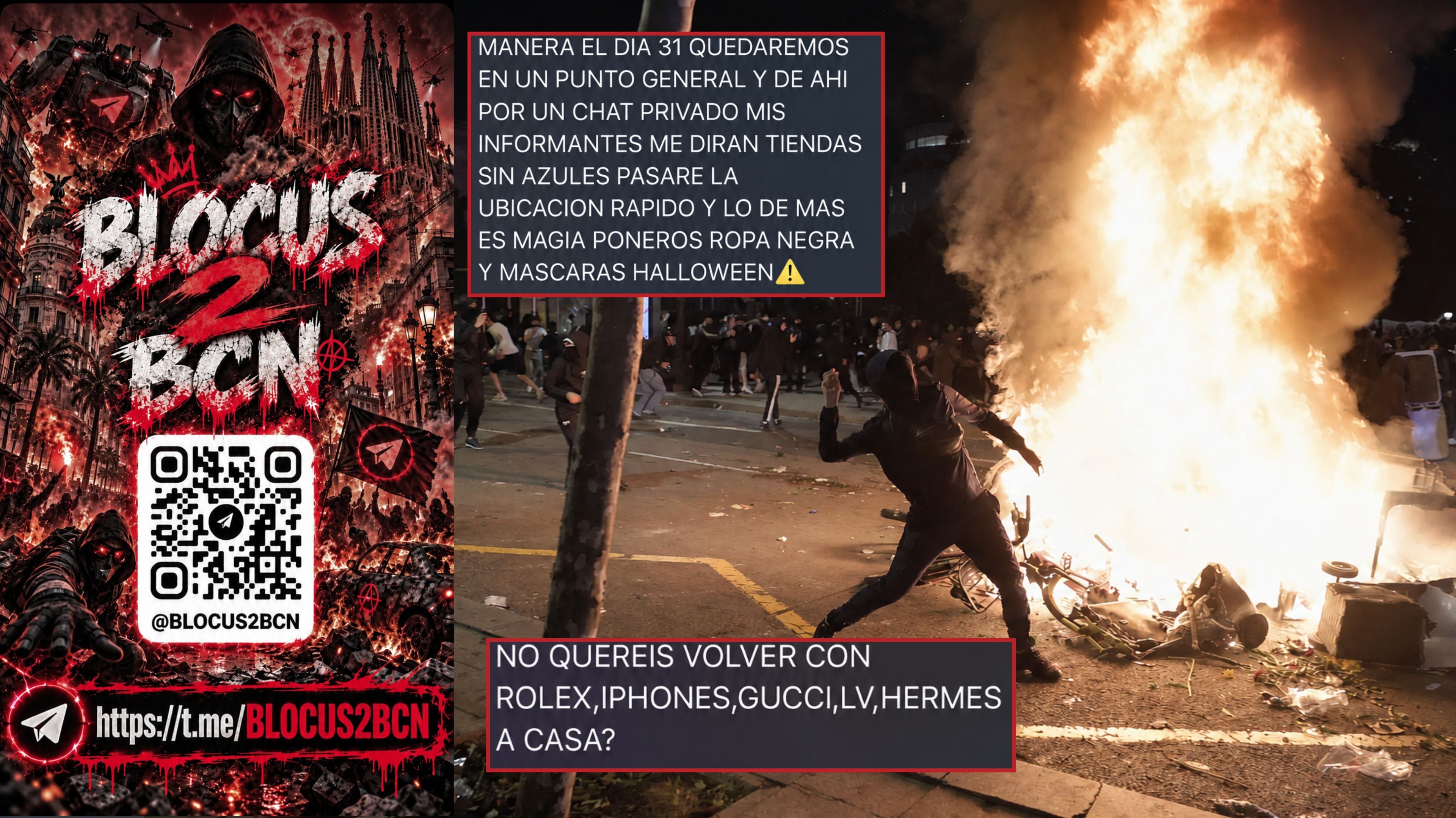 Un cartel y mensajes del canal de Telegram Blocus convocan a disturbios y saqueos en Barcelona durante la noche del 31 de octubre. (EFE / Telegram)