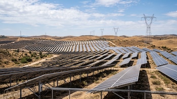 Filas de paneles solares dispuestas sobre terreno seco y torres de transmisión eléctrica al fondo bajo un cielo despejado.