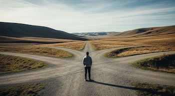 Un hombre de espaldas, con sudadera gris y pantalones oscuros, se encuentra en el centro de una encrucijada de caminos de tierra en un paisaje de colinas secas.