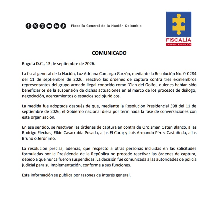 La decisión alcanza a OroIzman Osten Blanco, conocido como “Rodrigo Flechas”; a Elkin Casarrubia Posada, alias El Cura; y a Luis Armando Pérez Castañeda, identificado como “Bruno” o “Jerónimo” - crédito Fiscalía