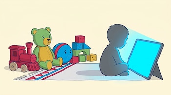 Ilustración de juguetes clásicos (tren, oso, pelota, bloques) con expresiones tristes mirando a una silueta infantil absorta en una tableta encendida.