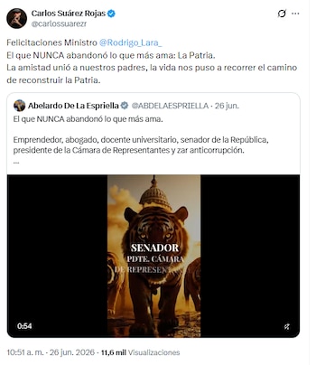 Así había sido la felicitación de Carlos Suárez a Rodrigo Lara