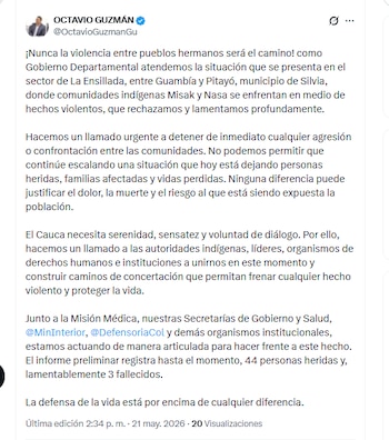 El gobernador Octavio Guzmán informó sobre el incremento de muertos en medio de enfrentamientos entre comunidades indígenas - crédito @OctavioGuzmanGu/X
