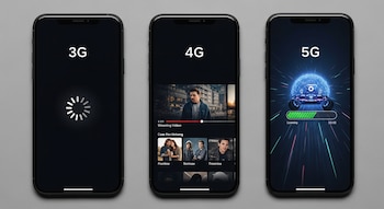 Tres teléfonos móviles con pantallas negras. Un teléfono muestra 3G y un icono de carga, otro 4G y un reproductor de video, y el último 5G con una barra de progreso.