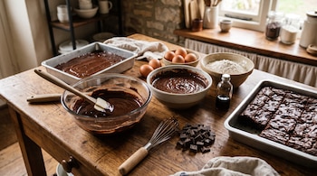 Recipientes con mezcla de chocolate, harina, huevos, trozos de cacao, batidor y dos moldes de hornear sobre una mesa de madera.