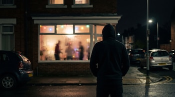 Hombre con capucha en calle mojada de noche, frente a ventana con luces de fiesta y personas borrosas. Hay dos coches estacionados y un poste de luz.