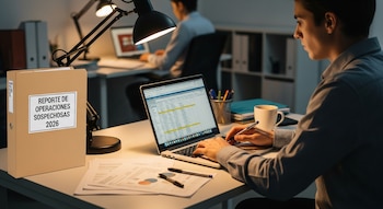 Hombre trabaja en computadora portátil en un escritorio con carpeta "Reporte de Operaciones Sospechosas 2026", taza de café y bolígrafos. Otro colega en el fondo.