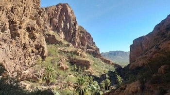 Canyon con paredes rocosas, vegetación dispersa incluyendo palmeras, y un cielo azul despejado. Montañas en el fondo