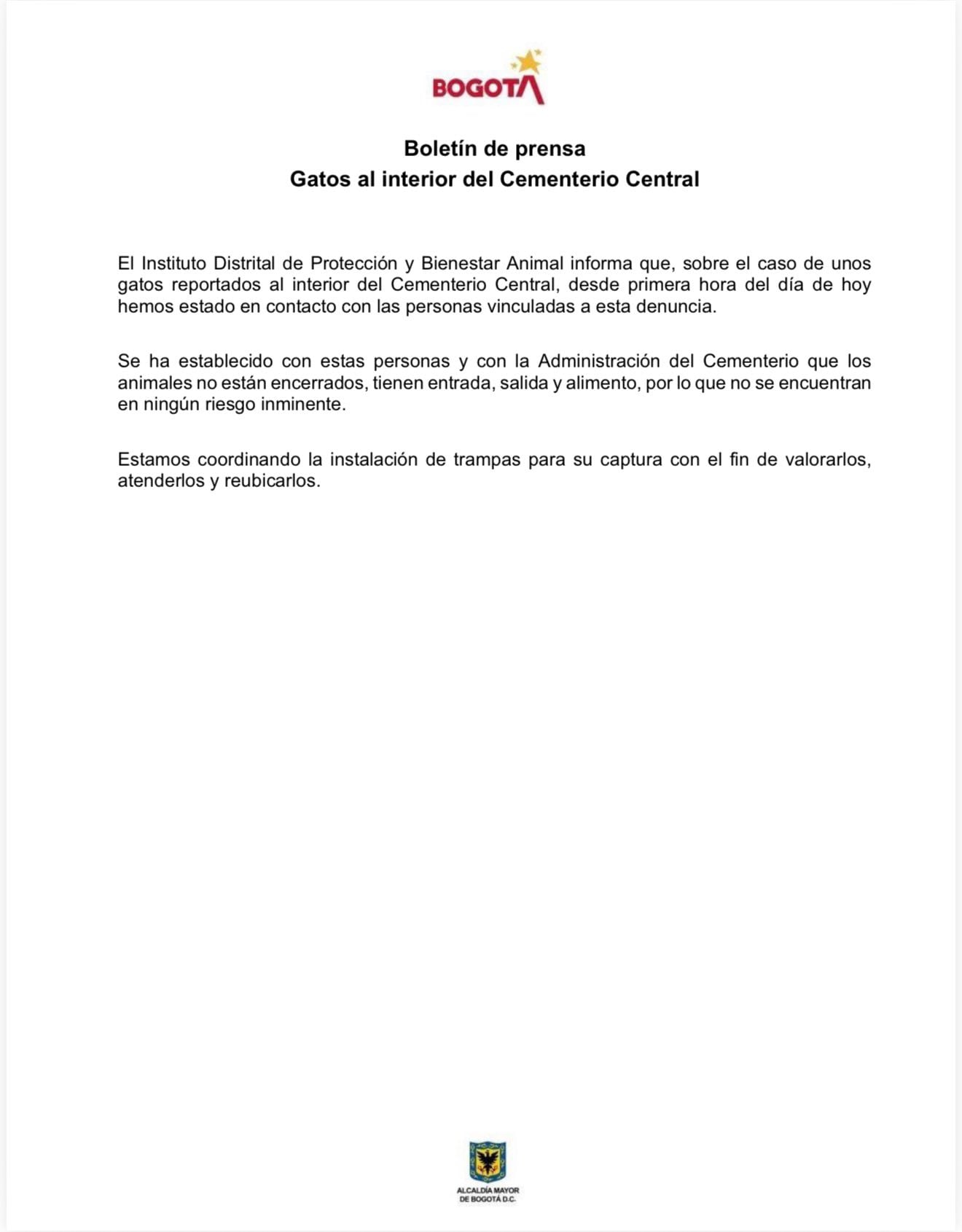 Pronunciamiento oficial del Instituto Distrital de Protección y Bienestar Animal - crédito @AnimalesBOG / X