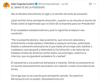 El excandidato presidencial dijo que la posesión de Abelardo de la Espriella no es tan importante como su ciudadanía - crédito @IvanCepedaCast/X