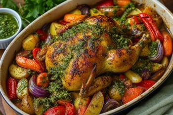 Un pollo entero asado rodeado de papas, pimientos y cebollas en una bandeja, cubierto con salsa verde y junto a un recipiente pequeño.