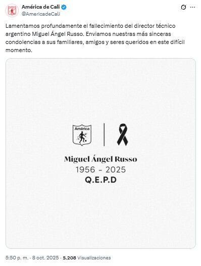 América de Cali sacó un comunicado lamentando el fallecimiento del entrenador argentino - crédito @AmericadeCali/X
