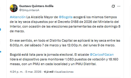 Gustavo Quintero Ardila informó sobre la ley seca que aplicará en Bogotá en las elecciones - crédito @GAquinteroA/X