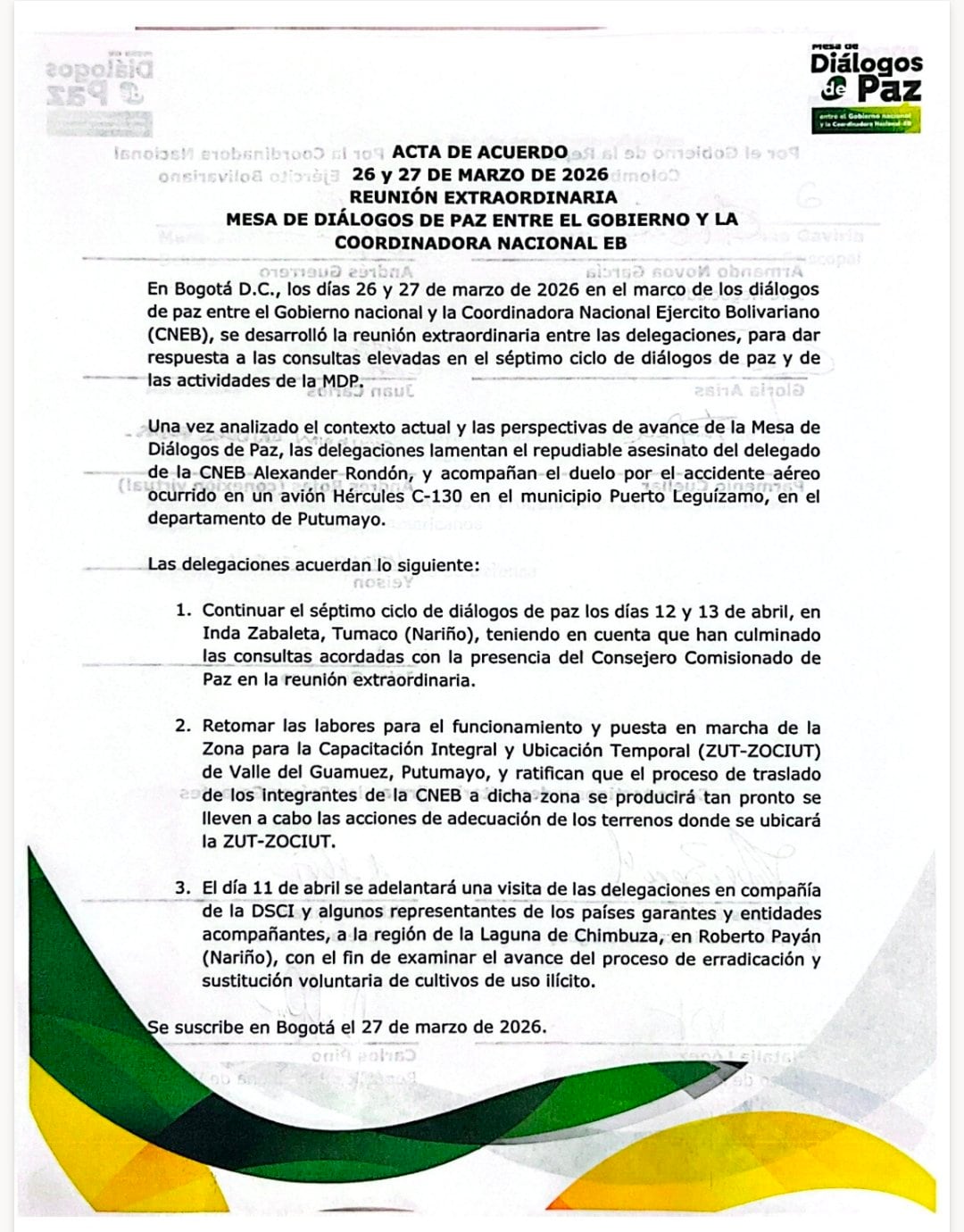 El Gobierno colombiano y la CNEB acuerdan reactivar el proceso de paz mediante la implementación de la Zona para la Capacitación Integral y Ubicación Temporal en Putumayo - crédito Consejería Comisionado de Paz