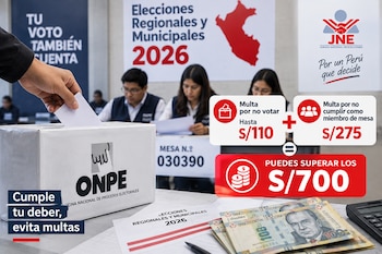 Una mano deposita una cédula en una urna de la ONPE junto a billetes de cien soles y carteles informativos sobre multas electorales