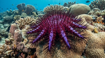 Estrella de mar corona de espinas púrpura con brazos y espinas oscuras, posada sobre un coral. Corales variados y peces pequeños en agua azul de fondo.