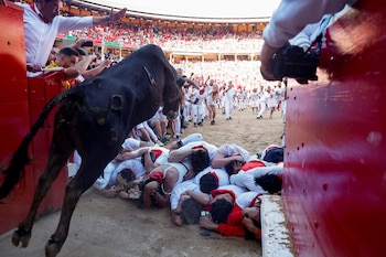 Un toro salta a los corredores a la entrada de la plaza. (Vincent West/Reuters)