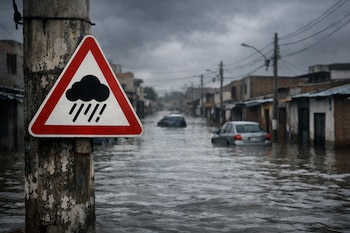 Poste de madera con señal de tráfico triangular de fondo blanco, borde rojo y símbolo de nube con lluvia negra. Calle inundada con agua que cubre coches y edificios bajos.