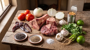 Huesos con tuétano, carne de res, tomates, chiles secos, cebollas, ajos, cilantro, limones, garbanzos y especias sobre una mesa de madera.