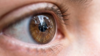Primer plano de un ojo humano de color café, donde se observa el iris con un reflejo nítido de edificios, personas y vehículos de una ciudad.