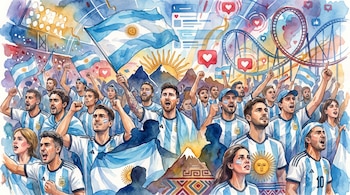 Multitud de hinchas argentinos con camisetas celestes y blancas y banderas, junto a símbolos latinoamericanos, luces de estadio, montaña rusa e íconos de redes sociales.