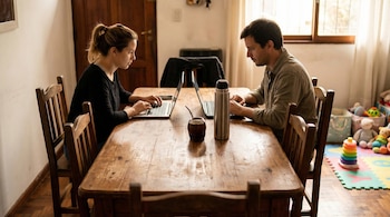 Un hombre y una mujer sentados en una mesa de madera, cada uno trabajando en su laptop, con un mate y un termo al centro. Juguetes infantiles al fondo.